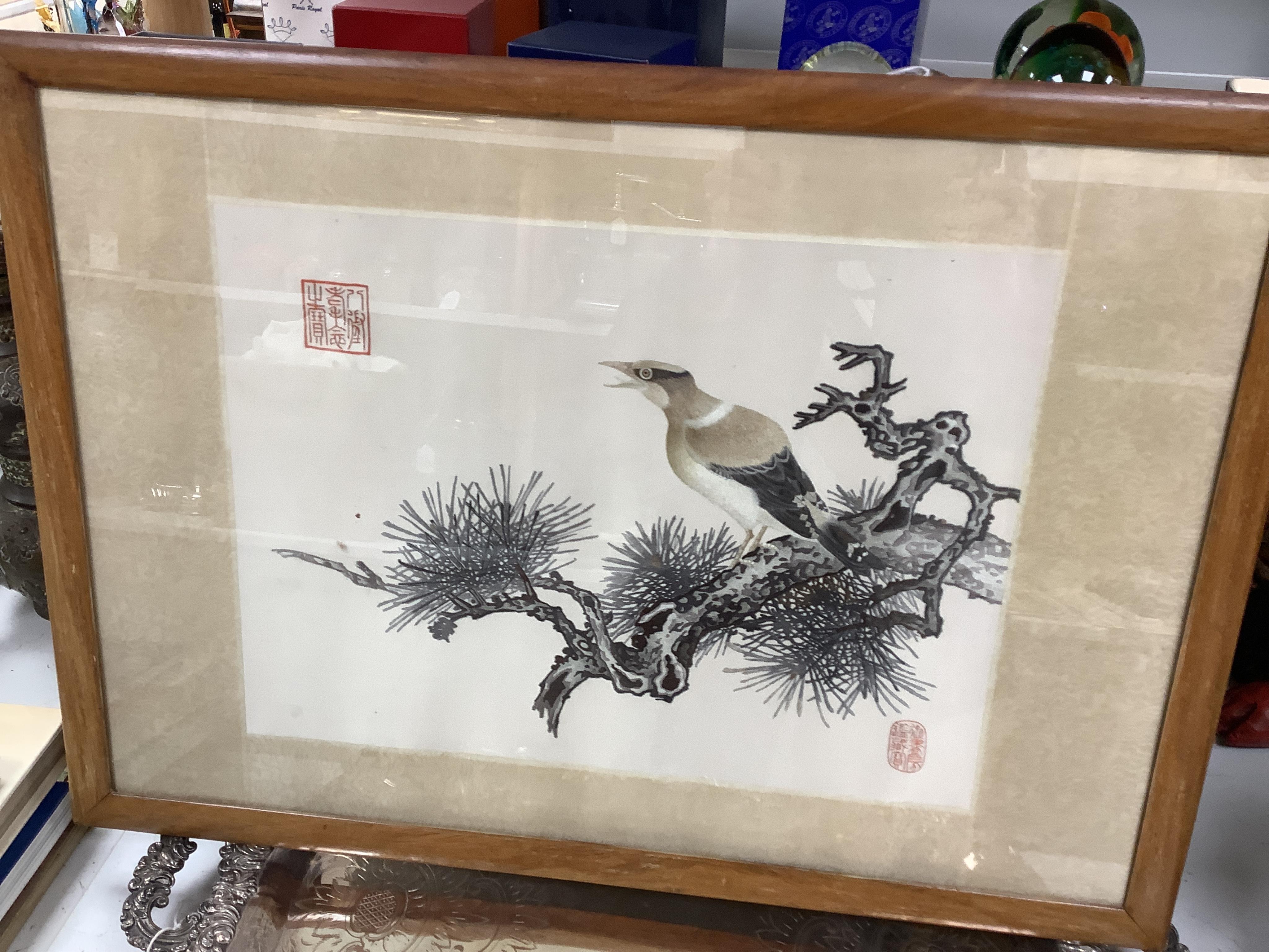 Seven Chinese embroideries on silk, mountainous landscapes and birds, largest 121cm high